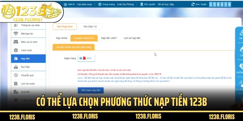 Có thể lựa chọn phương thức nạp tiền 123B theo nhu cầu